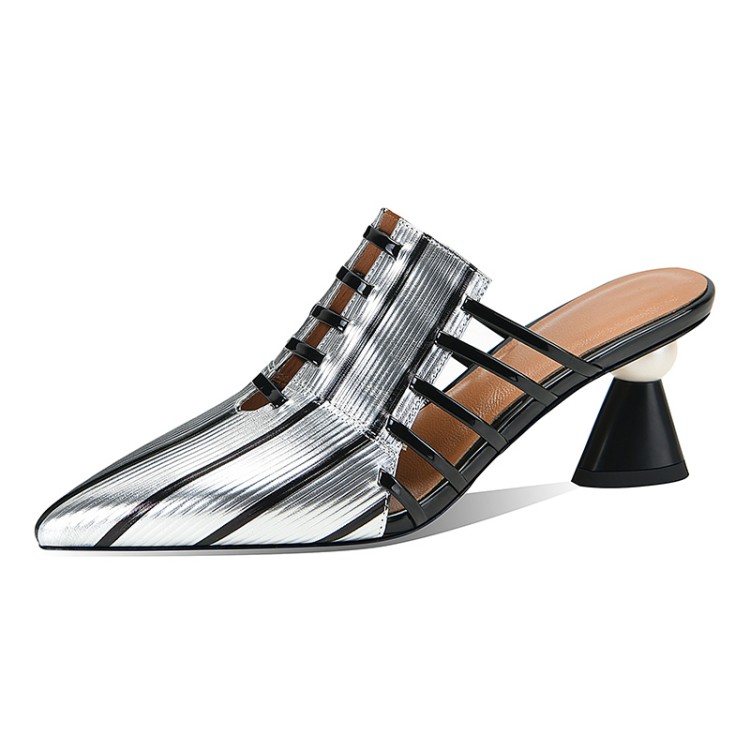 Silver Leather Closed Toe Mid Heel Slippers for Women - Style i.html