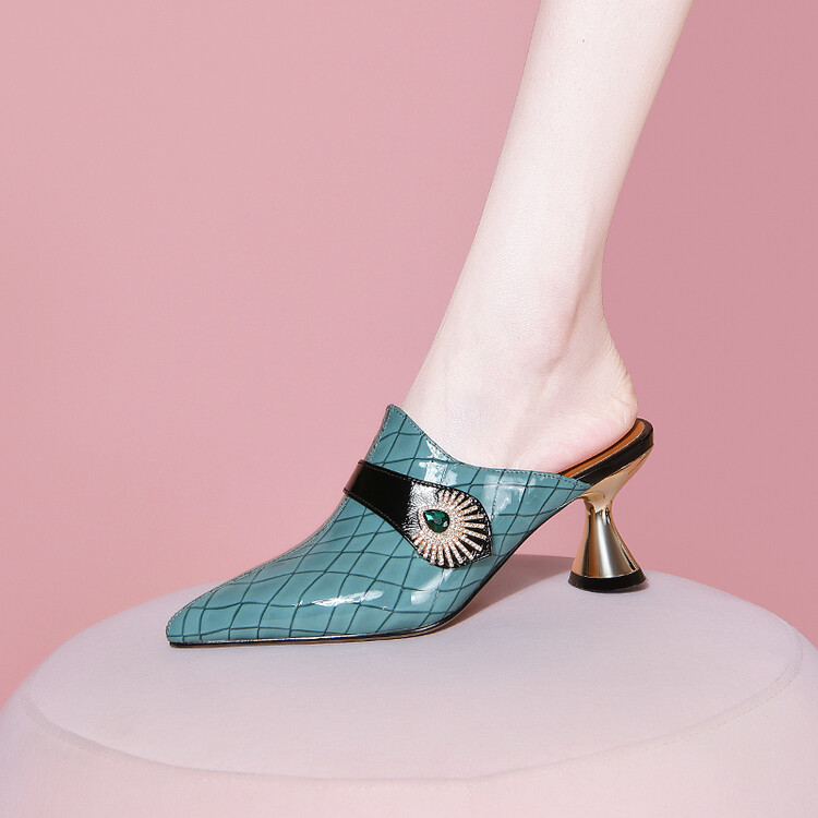 Light Blue Leather Closed Toe Slippers with Plaid and Belt Detail