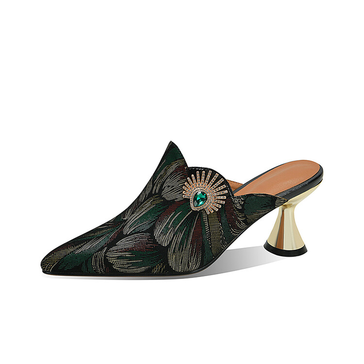 Women's Closed Toe Mid Heel Slippers with Rhinestone and Metal Accents - Style k.html