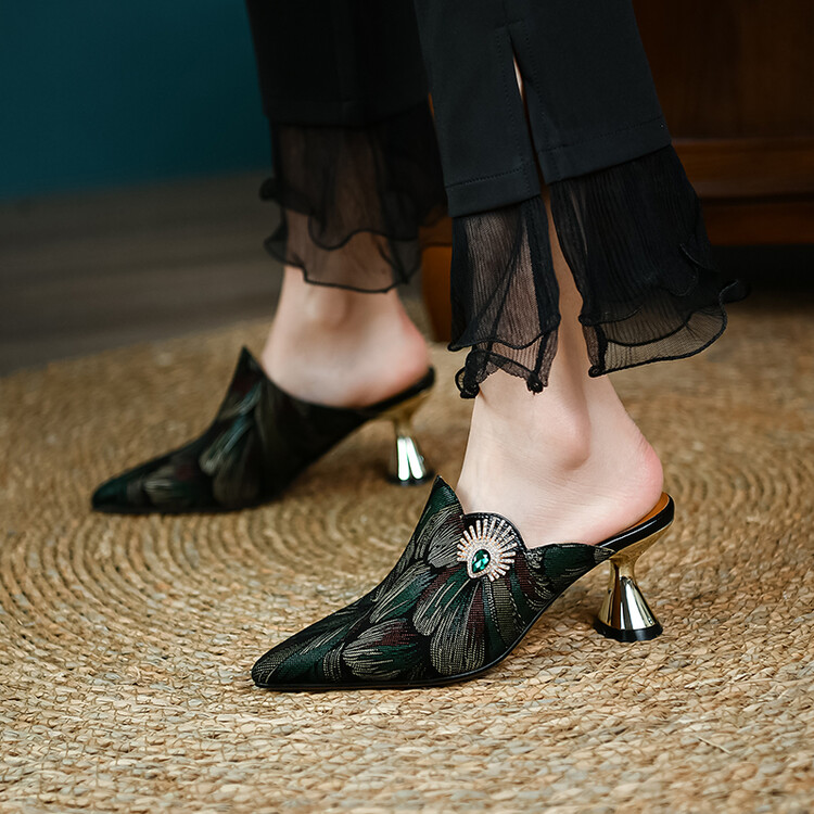 Women's Closed Toe Mid Heel Slippers with Rhinestone and Metal Accents - Style k.html
