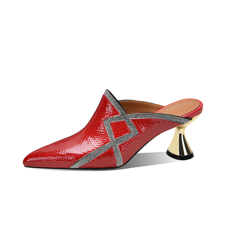 Women's Closed Toe Mid Heel Slippers with Rhinestone and Metal Accents - Style s.html