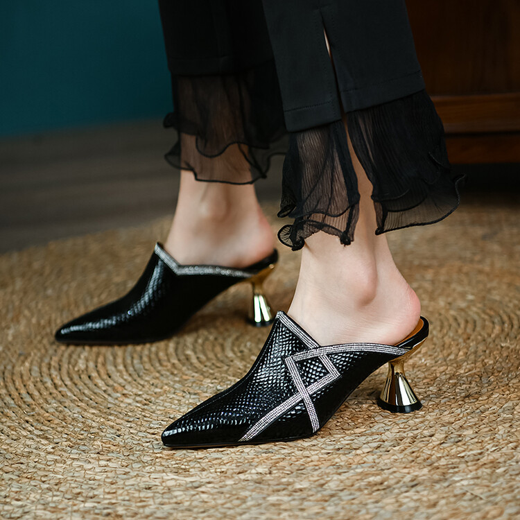 Women's Closed Toe Mid Heel Slippers with Rhinestone and Metal Accents - Style s.html