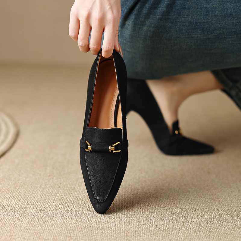 Women's Fashion Loafers Slip-On Pointed Toe Mid Chunky Heel