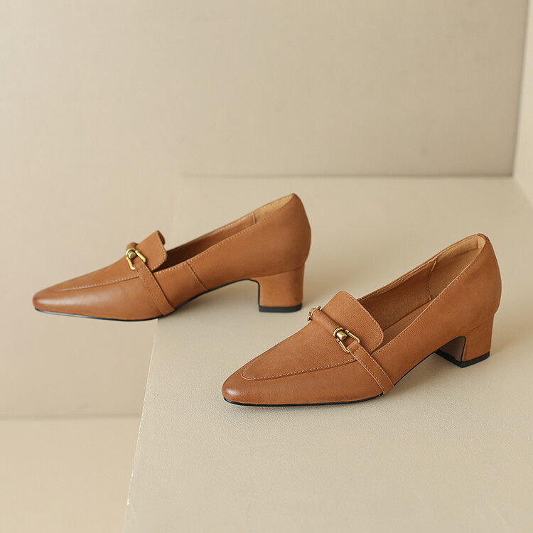 Women's Fashion Loafers Slip-On Pointed Toe Mid Chunky Heel