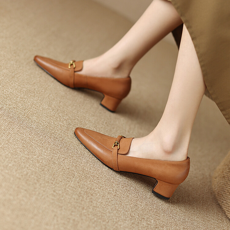 Women's Fashion Loafers Slip-On Pointed Toe Mid Chunky Heel