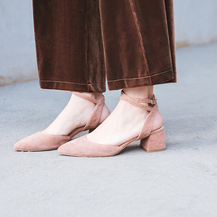 Women's Mary Jane Flats - Suede Pointed Toe Chunky Heel Shoes