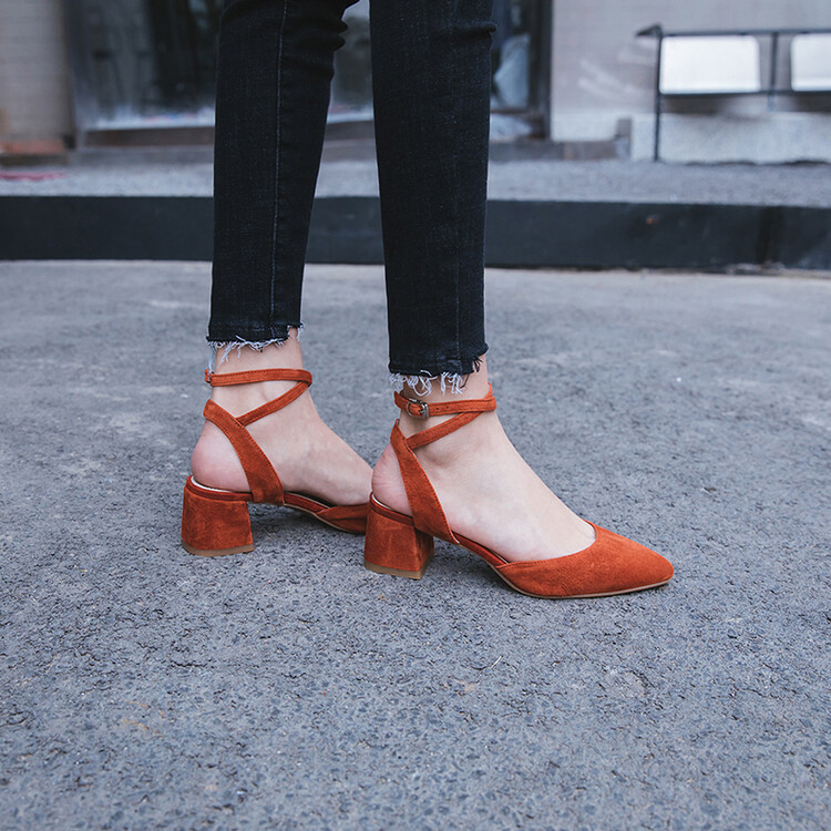 Women's Mary Jane Flats - Suede Pointed Toe Chunky Heel Shoes