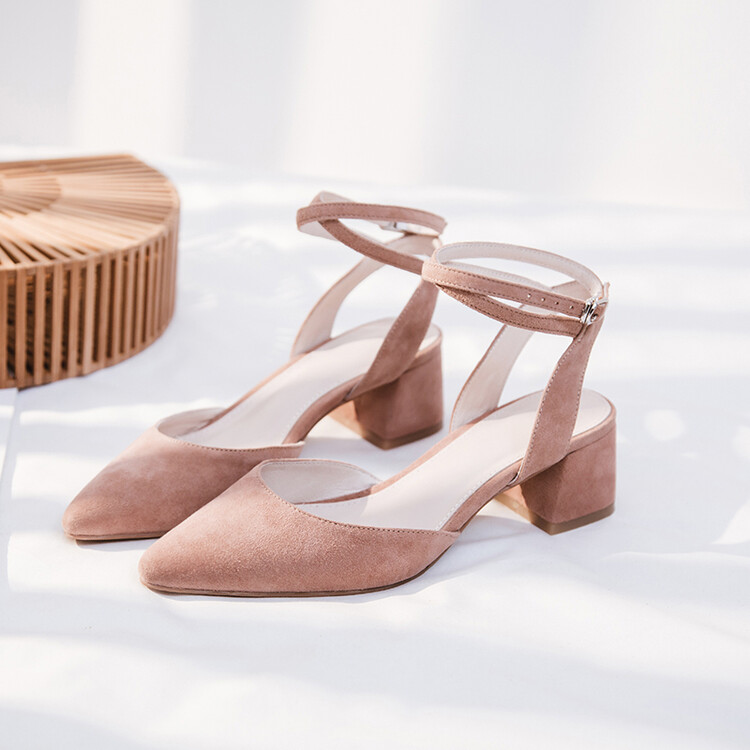 Women's Mary Jane Flats - Suede Pointed Toe Chunky Heel Shoes