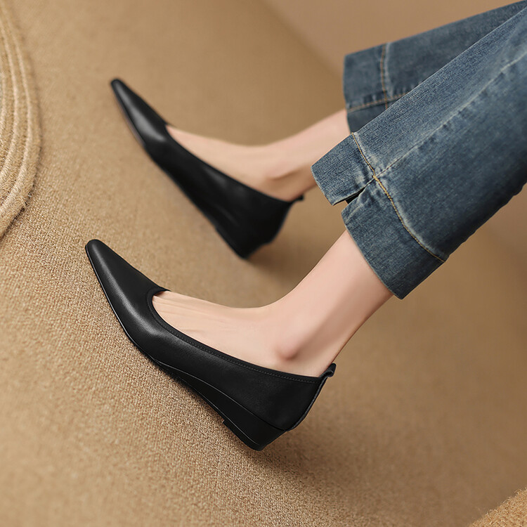 Women's Fashion Slip-On Wedge Shoes - Cow Leather, Pointed Toe, Mid Heel