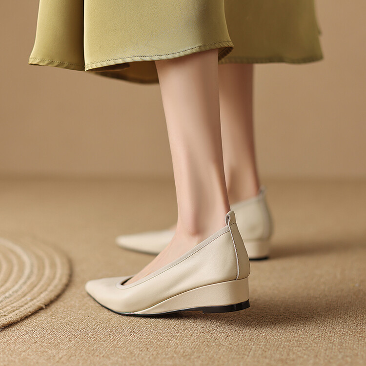 Women's Fashion Slip-On Wedge Shoes - Cow Leather, Pointed Toe, Mid Heel