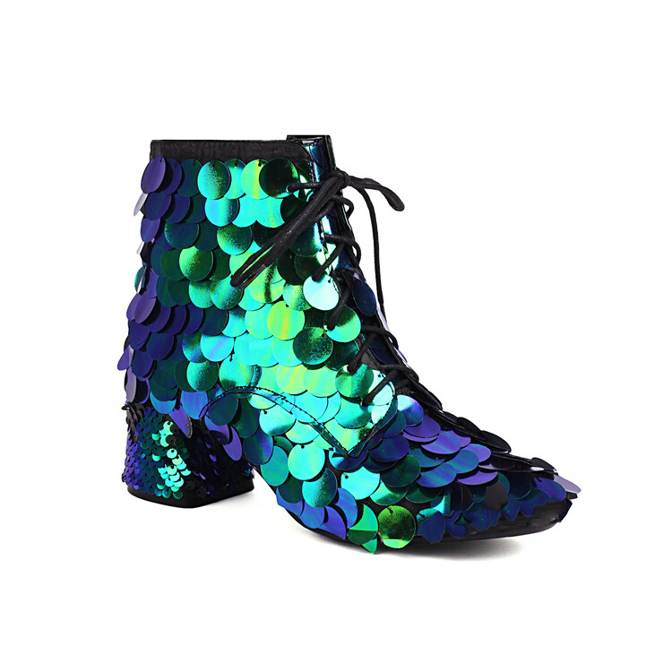 Sequin Mid Heel Chunky Block Heel Square Toe Short Fashion Boots