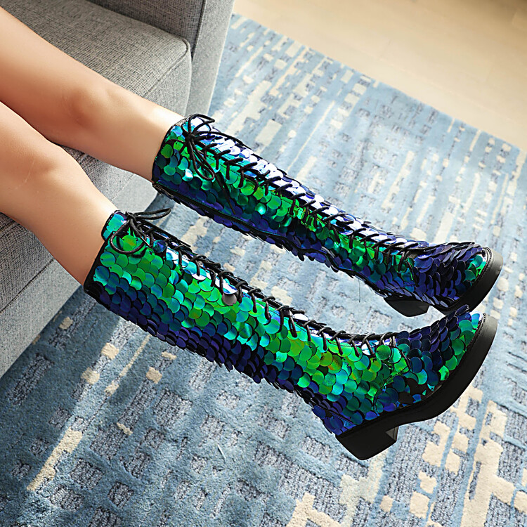 20230806664637046_750.jpg Sequin Platform High Boots with Crisscross Straps and Metallic Accents