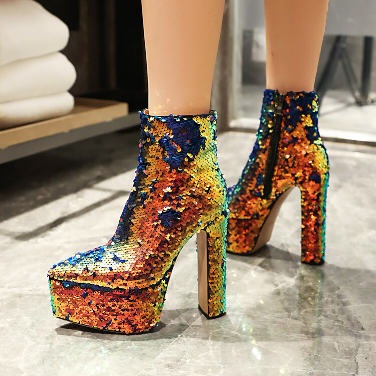Sequin Chunky Heel Pointed Toe Ankle Boots
