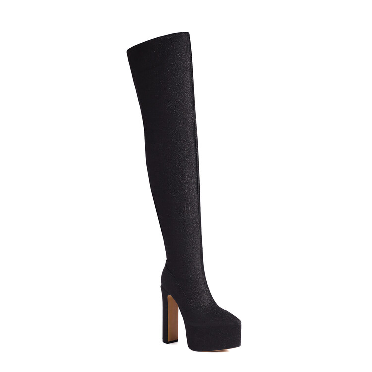 Sequin Over-the-Knee Fashion Boots with Rhinestones and Platform