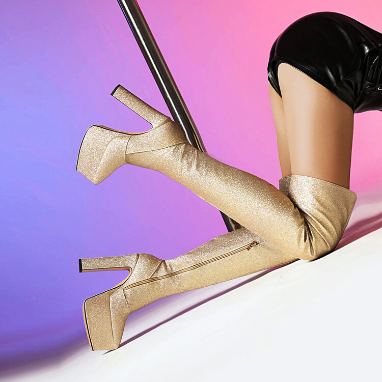 Sequin Over-the-Knee Fashion Boots with Rhinestones and Platform
