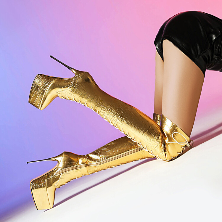 Women's Over-the-Knee Stiletto Heel Fashion Boots with Cross Straps and Metallic Accents - Style o.html