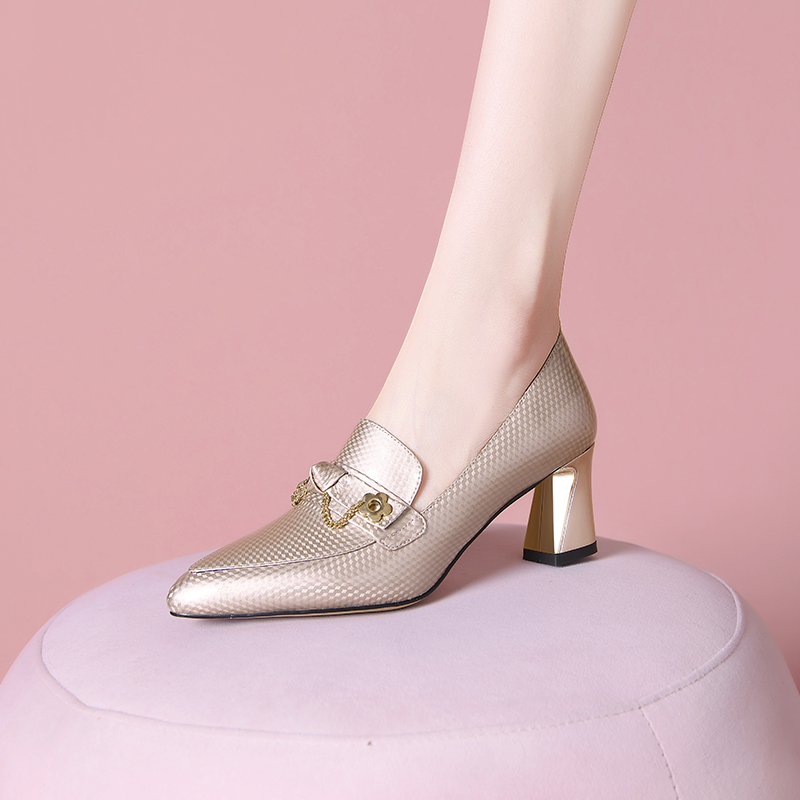 202412121710453542024121217104535410_750.jpg Champagne Pointed Toe Mid Heel Pumps with Belt and Metal Accents